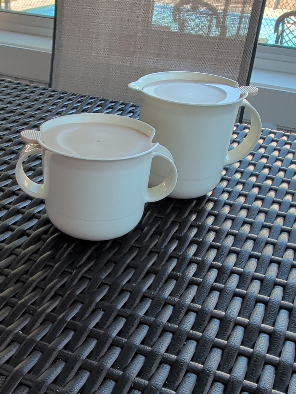 Tupperware White Covered Pitcher and Covered Cup